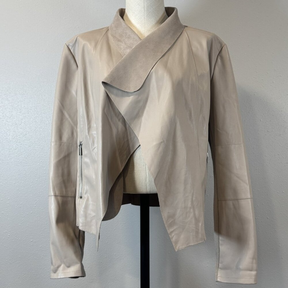 Bagatelle Womens Size L Beige Faux Leather Draped Jacket Open Front Long Sleeve - Picture 3 of 16